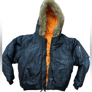 Vintage Military Flight Jacket Arctic Pole Men’s‎ Size Large Black Zippers Fur